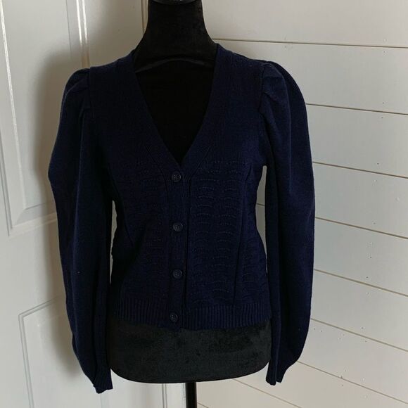 Truth Republic Pleated Puff Sleeve Cardigan Navy Blue woman’s size large preppy - Picture 13 of 13